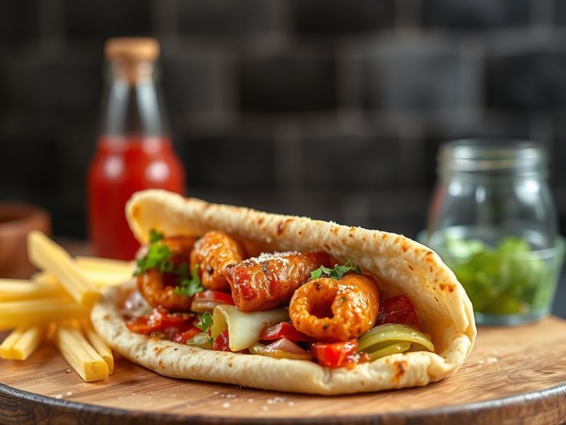 Gros plan sur un pita kebab généreusement rempli de viande marinée et de crudités colorées.